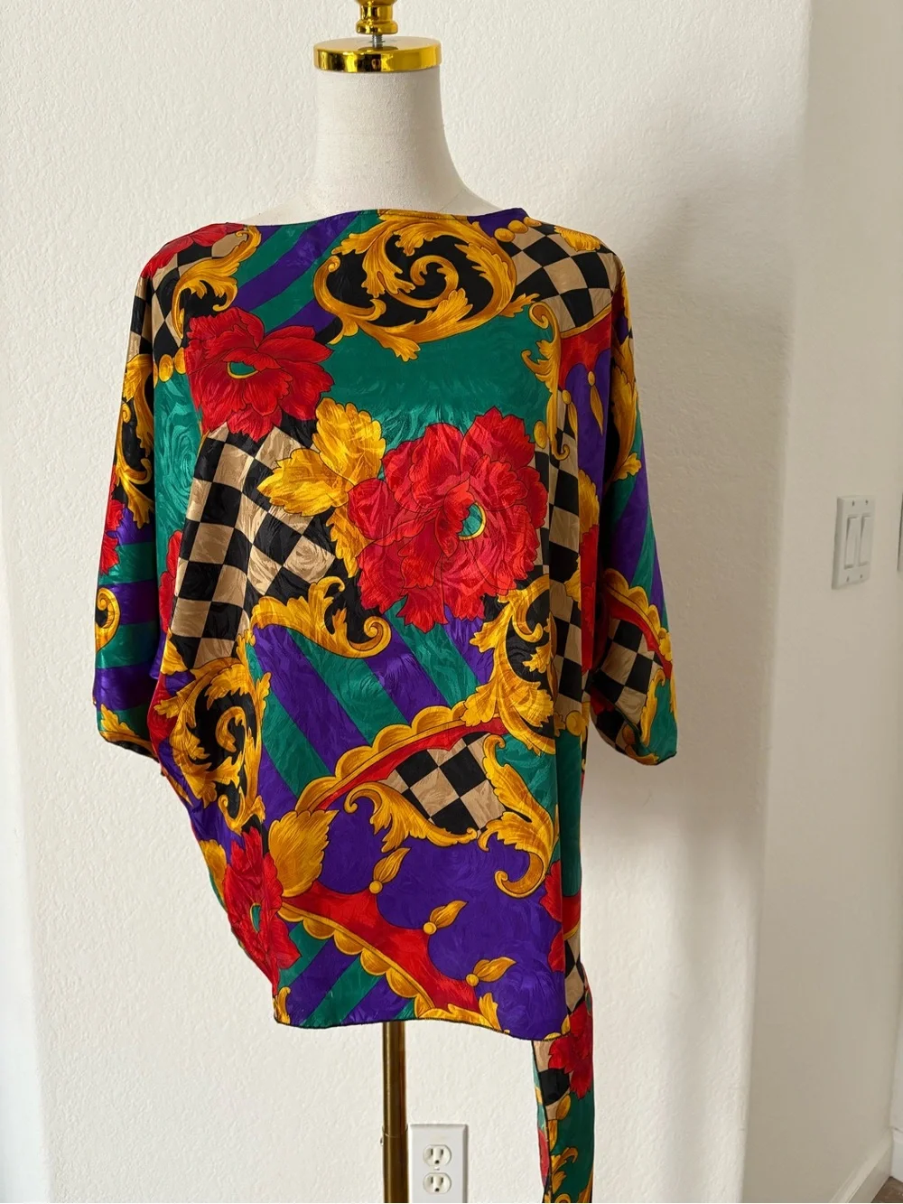 Vintage 80s Baroque Floral Satin Blouse Colorful Statement Top
